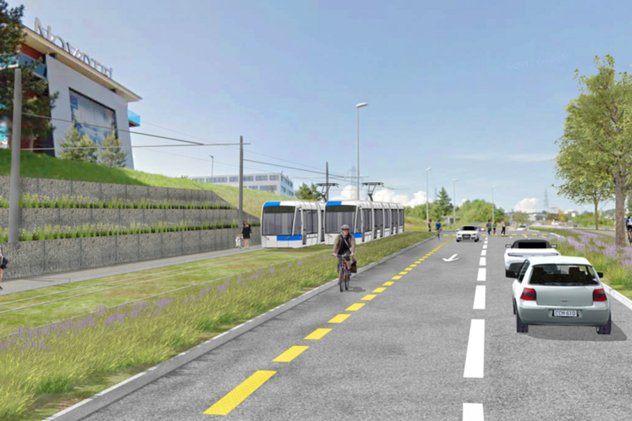 Image de synthèse : le futur tramway, en route vers son terminus à la Croix-de-Péage, sur la commune de Villars-Sainte-Croix (terminus de la ligne 17 des bus tl).