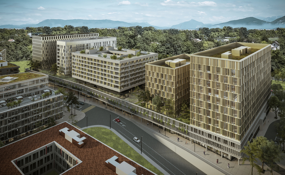 Les cinq bâtiments à usage commercial dans le « Quartier de l’Étang ». Le site bénéficie d’une excellente accessibilité, à proximité de l’Aéroport international de Genève (Illustration : Urban Project).