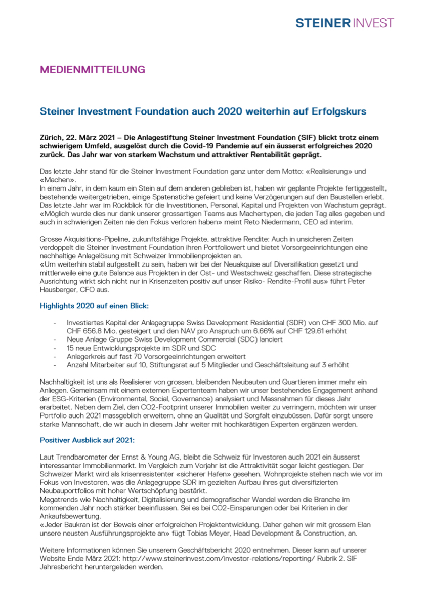 Steiner Investment Foundation auch 2020 weiterhin auf Erfolgskurs