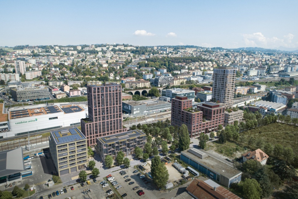 Quartier urbain durable : Implenia construit en tant qu’entreprise totale cinq immeubles au « Central Malley » (image : © CFF SA).