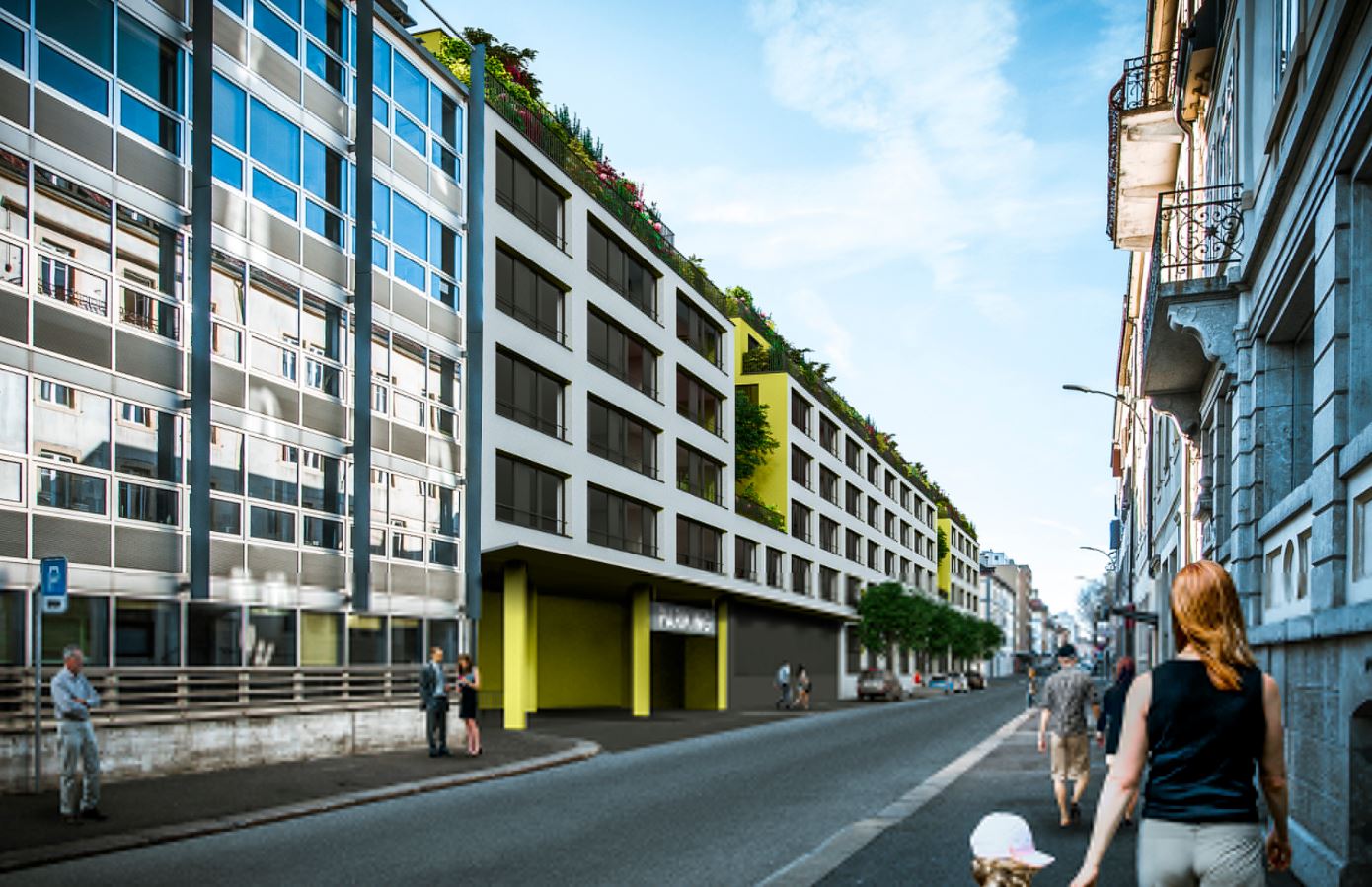 Dans le cadre du projet ILOT, Implenia construit un bâtiment à usage mixte dans le centre de La Chaux-de-Fonds. En dehors des bureaux et surfaces commerciales, des logements en propriété ou locatifs, ainsi qu’un parking public souterrain seront également aménagés. (Photo: Dubois SA, La Chaux-de-Fonds)