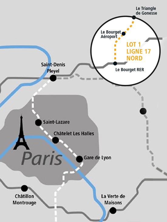 À Paris, Implenia participe à la réalisation du lot 1 de la nouvelle ligne 17 Nord du Grand Paris Express. Ce lot porte sur un tunnel long de plus de six kilomètres, deux nouvelles gares et le puits d’attaque. Le début des travaux est prévu pour mai 2019. (Illustration : Implenia)
