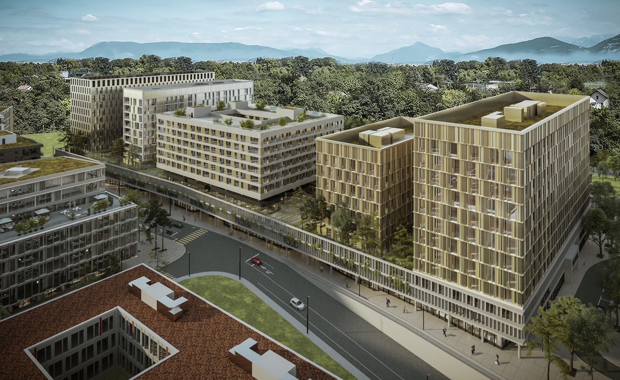 Les cinq bâtiments à usage commercial dans le « Quartier de l’Étang ». Le site bénéficie d’une excellente accessibilité, à proximité de l’Aéroport international de Genève (Illustration : Urban Project).