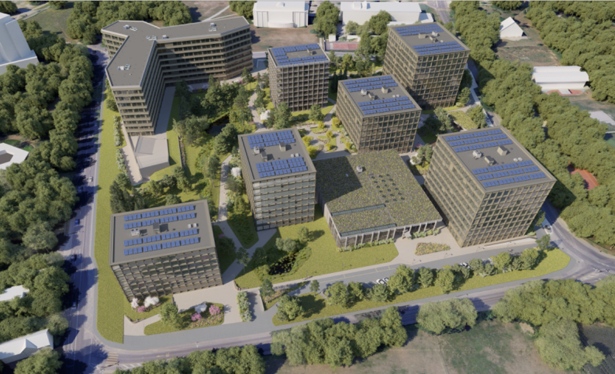 Le projet Green Village comprendra des bâtiments administratifs, une résidence hôtelière ainsi que des logements. Situé au centre du quartier international de Genève, il est immergé dans un espace de verdure. (Illustration : Implenia)
